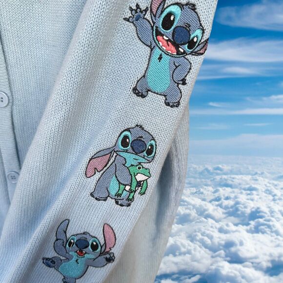 Disney Cardigan Sweater Women Size Large Blue Lilo & Stitch Knit - Picture 2 of 5